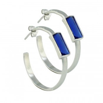 Sterling Silver Earring 29mm Post "C" Hoop 12X6mm Sapphire Glass B