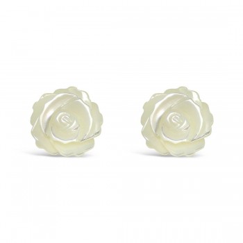 Sterling Silver Earring 12X12mm White Mother of Pearl Roses Stud