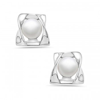 Sterling Silver Earring 6mm White Freshwater Pearl with Twisted Squar