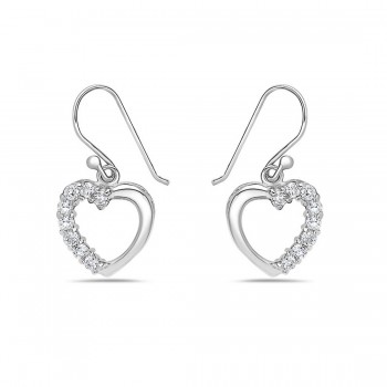 Sterling Silver Earring Width=12mm 1/2 Clear Cubic Zirconia+1/2 Silver Open He