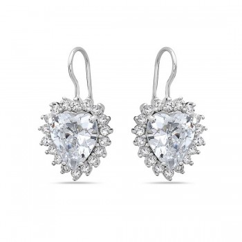 Sterling Silver Earring Clear Cubic Zirconia Heart with Cubic Zirconia Petals Around--Rhodium Plating/Nickle Free--