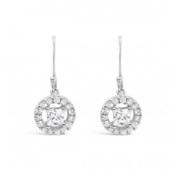 Sterling Silver Earring 4-4mm Squar Clear Cubic Zirconia with Paved Clear Cubic Zirconia C