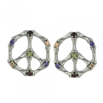 Sterling Silver Stud Earring of Peace Sign and Multicolor Color Cubic Zirconia