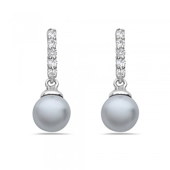 Sterling Silver Earring with Drop Dangle with Clear Cubic Zirconia and Faux P