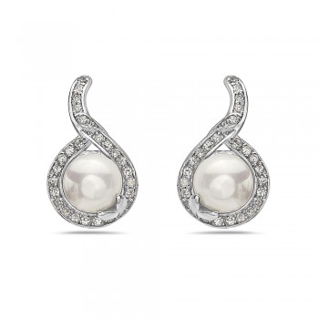 Sterling Silver Earring 9mm Shell Pearl with Clear Cubic Zirconia Border