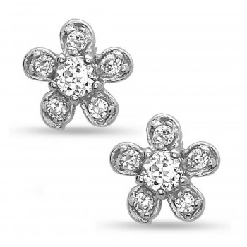 Sterling Silver Earring Flower Stud with Clear Cubic Zirconia