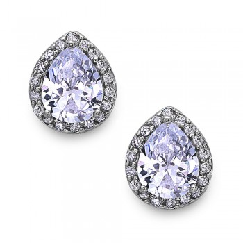 Sterling Silver Earring Stud 8mm/10.5mm T Drop Clear Cubic Zirconia Center with