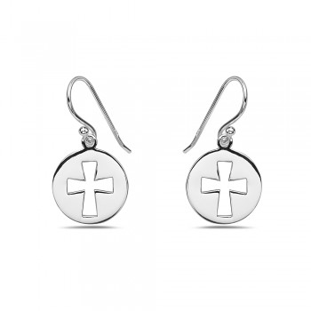 Sterling Silver Earring Round 14mm Plate Hollow Cross with Fish Ho