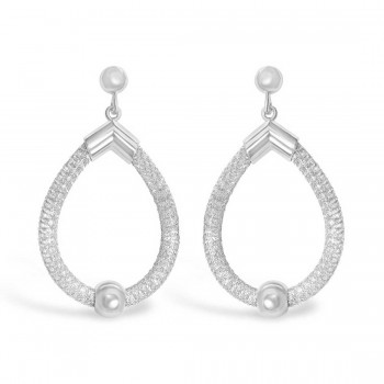 Sterling Silver Earring T Drop Shape Rhodium Plating Net Tube with 6mm Plain Silv
