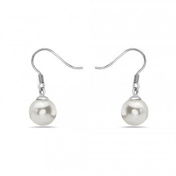 Sterling Silver Earg 9Mm Round Pearl White W/French Wire Dangling