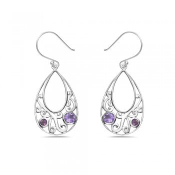 Sterling Silver Earring 17-30mm Open Tear Drop Filigree with 2 Amy Gem S