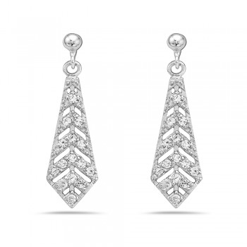 Sterling Silver Earring Tie Shape Dangle Arrow Pattern Clear Cubic Zirconia