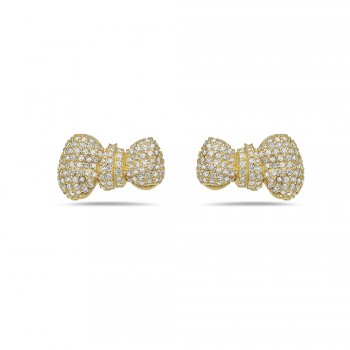 Sterling Silver Earring Puffy Uneven Bow Paved in Clear Cubic Zirconia