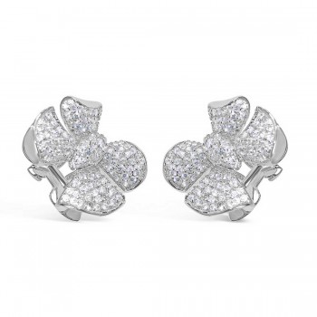 Sterling Silver Earring Ruffle Bow with Clear Cubic Zirconia Omega Back