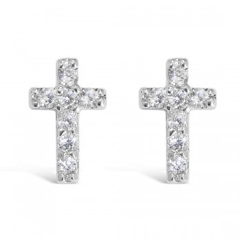 Sterling Silver Earring Clear Cubic Zirconia Cross Stud -Rhodium Plating-