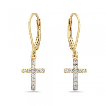 Sterling Silver Earring Clear Cubic Zirconia Cross on Leverback -Gold-