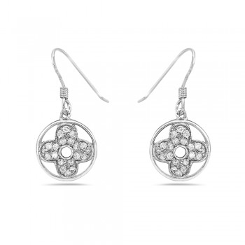 Sterling Silver EARRING PAVE TOP ROUND FLOWER MOTIF COIL WIRE