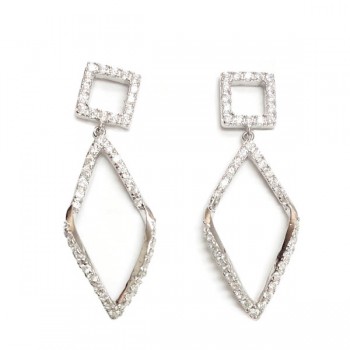 Sterling Silver Earring Clear Cubic Zirconia Square Top with Dangling Rhombus Clear Cubic Zirconia