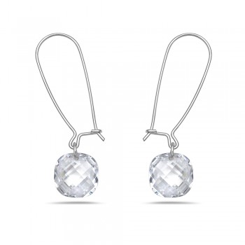 Sterling Silver Earring Kidney Wire 12 mm Clear Cubic Zirconia Cushion Drop