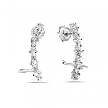 Sterling Silver Earring Oval Clear Cubic Zirconia Stud Post and Cuff Ear Wrap