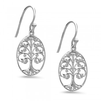 SS Earring Plain Open Oval Tree Of Life Fish Wire, Silver