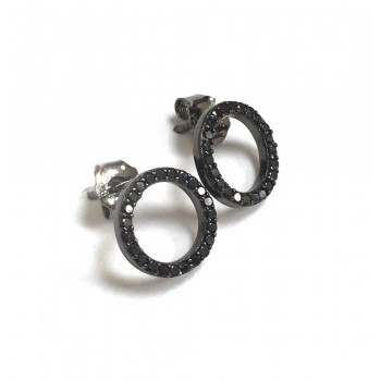 Sterling Silver Earring Open Black Cubic Zirconia Circle Black Plating