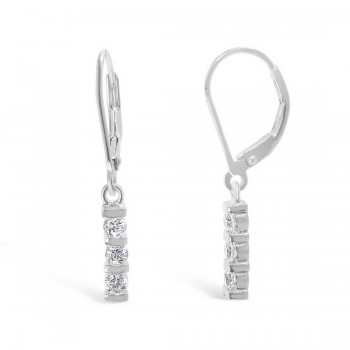 STERLING SILVER EARRING 3 CLEAR CUBIC ZIRCONIA TENSION BAR WITH LEVER BACK