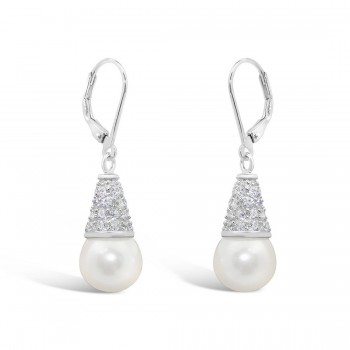 STERLING SILVER EARRING CONE PAVE CUBIC ZIRCONIA CAP FAUX PEARL LEVERBACK