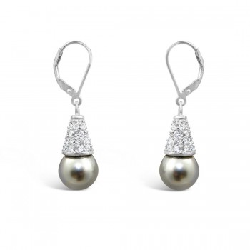 STERLING SILVER EARRING CONE PAVE CUBIC ZIRCONIA CAP FAUX  GRAY PEARL