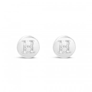 Sterling Silver Earring Stud Round Initial H Carved-Ecoated
