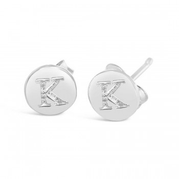STERLING SILVER EARRING STUD ROUND INITIAL K CARVED