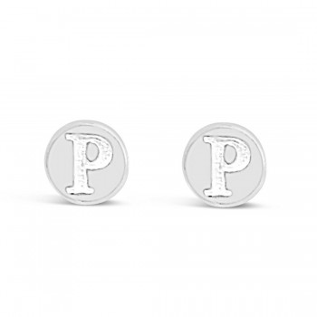 STERLING SILVER EARRING STUD ROUND INITIAL P CARVED 6