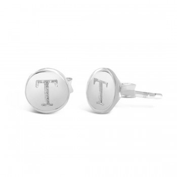 STERLING SILVER EARRING STUD ROUND INITIAL T CARVED