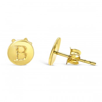 STERLING SILVER EARRING STUD ROUND INITIAL B CARVED-GOLD PLATED 6
