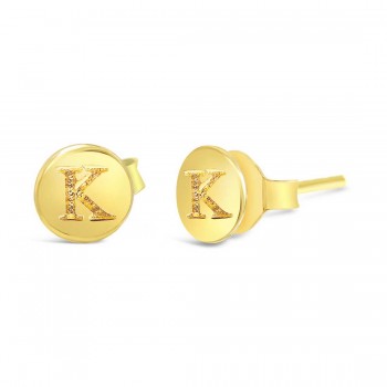 STERLING SILVER EARRING STUD ROUND INITIAL K CARVED-GOLD PLATED 6