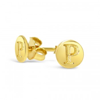Sterling Silver Earring Stud Round Initial P Carved-Gold Plated