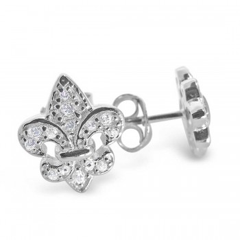Sterling Silver Earring Fleur-De-Lis Clear Cubic Zirconia Stud