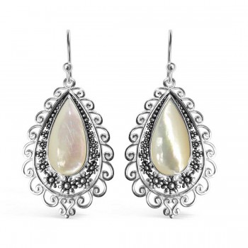 Teardrop Mother of Pearl Oxidized Floral Filigree Bordered Earrings