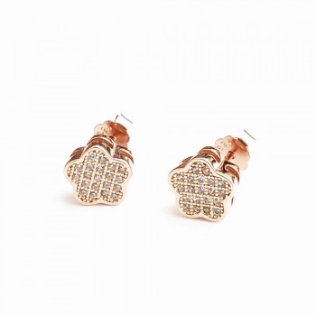 Sterling Silver EARRING ROSE GOLD STUD PLUM FLOWER CLEAR Cubic Zirconia PAV-2S-6829RGCL