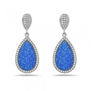 Sterling Silver Earring Tear Drop Pave Top Tear Drop Blue Synth