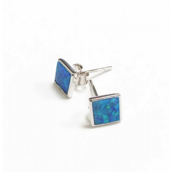 Sterling Silver Earring Square Stud Blue Synthetic Opal
