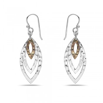 Sterling Silver Earring 2 Tones Gold Tone+Hammered Open Marquis