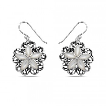 Sterling Silver EARRING DANGLE FLOWER FIVE PETALS MOTHER OF PEARL-2S-7215M