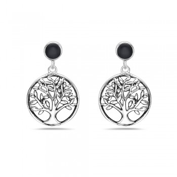Sterling Silver EARRING DANGLE ROUND TREE OF LIFE ROUND ONYX TO