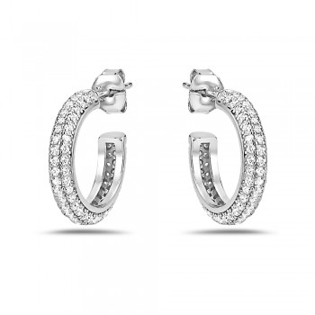 Sterling Silver EARRING HOOP PAVE CZ 3 SIDES ROUND 16 MM