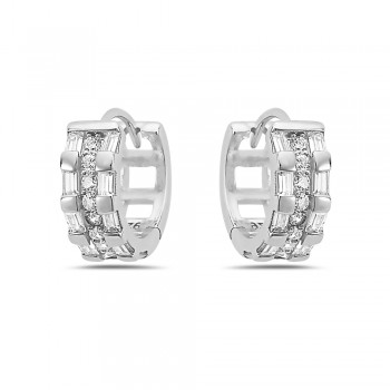 Sterling Silver EARRING HUGGIE SIDE BAGUETTE LINE CENTER ROUND