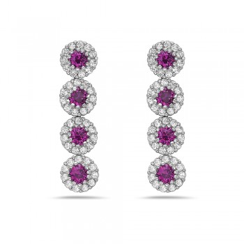 Sterling Silver EARRING DANGLE LINEAR 4 ROUND SYNTHETIC RUBY WI