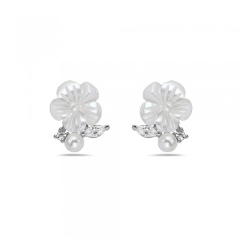 Sterling Silver EARRING ON EAR MOTHER OF PEARL FLOWER WITH CZ A