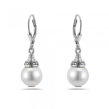 Sterling Silver EARRING DANGLE CONE CAP WITH FAUX WHITE PEARL
