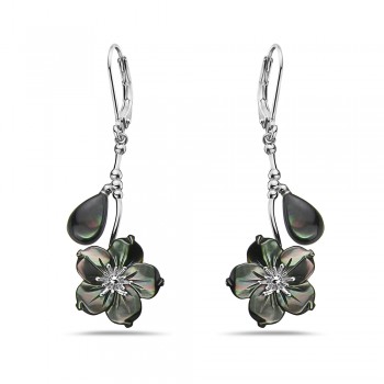 Dangling Black Mother of Pearl Flower Droplet Earrings